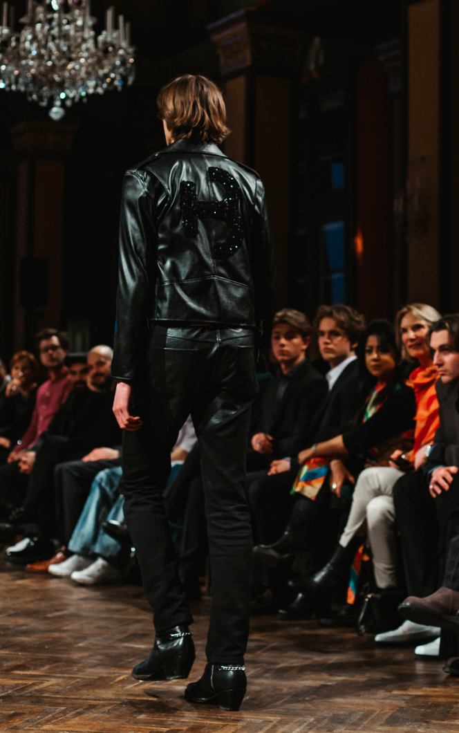Leather Biker Jacket with Sequin Logo