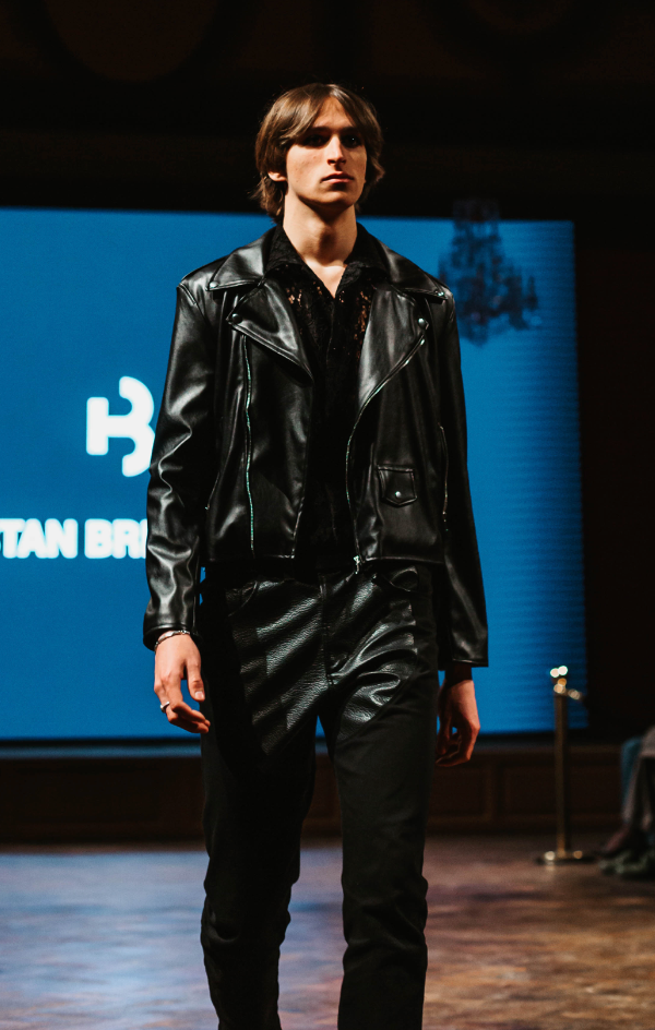 Leather Biker Jacket with Sequin Logo
