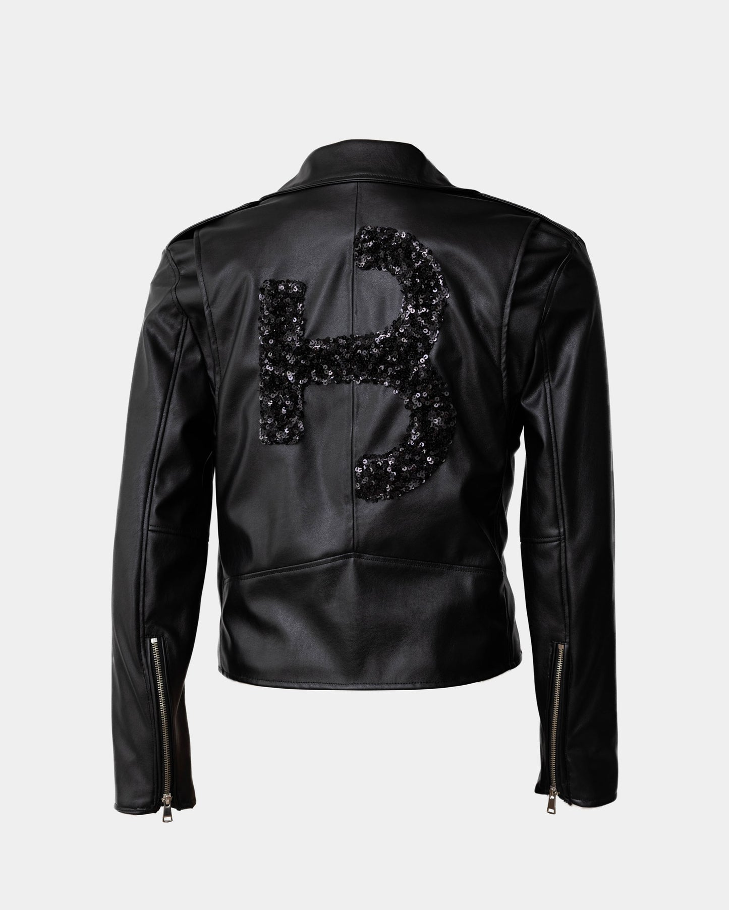 Leather Biker Jacket with Sequin Logo
